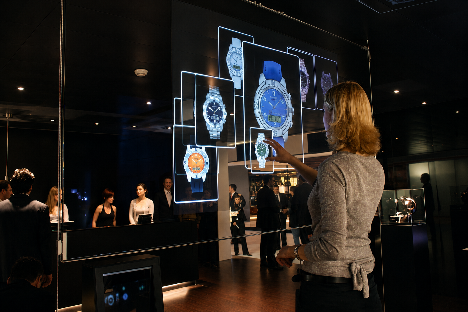 Visiteur utilisant un écran interactive dans une exposition horlogère